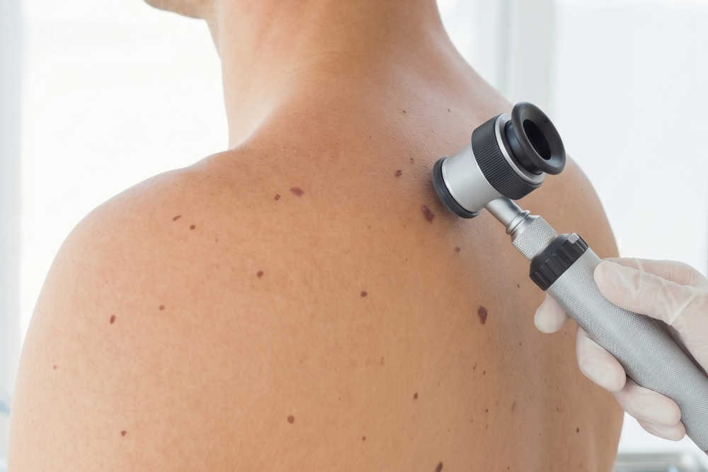 Dermatoscope being used to examine moles on a person's back by a gloved clinician (medical skin check).