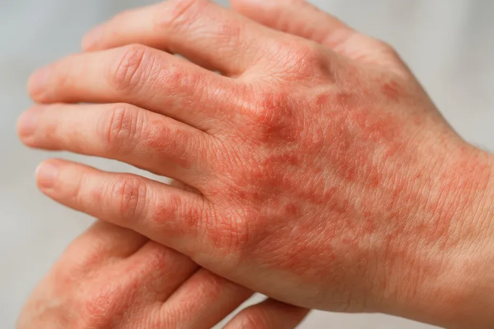Close-up of reddened, irritated hands with dry, scaly patches, suggesting dermatitis or eczema relief in progress.