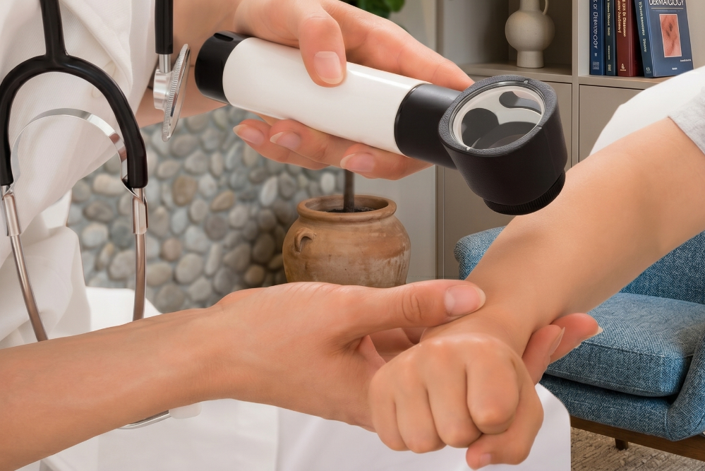Doctor uses a handheld dermatoscope to inspect a patient’s forearm, with a stethoscope visible around the nurse's neck/doctor's shoulders.