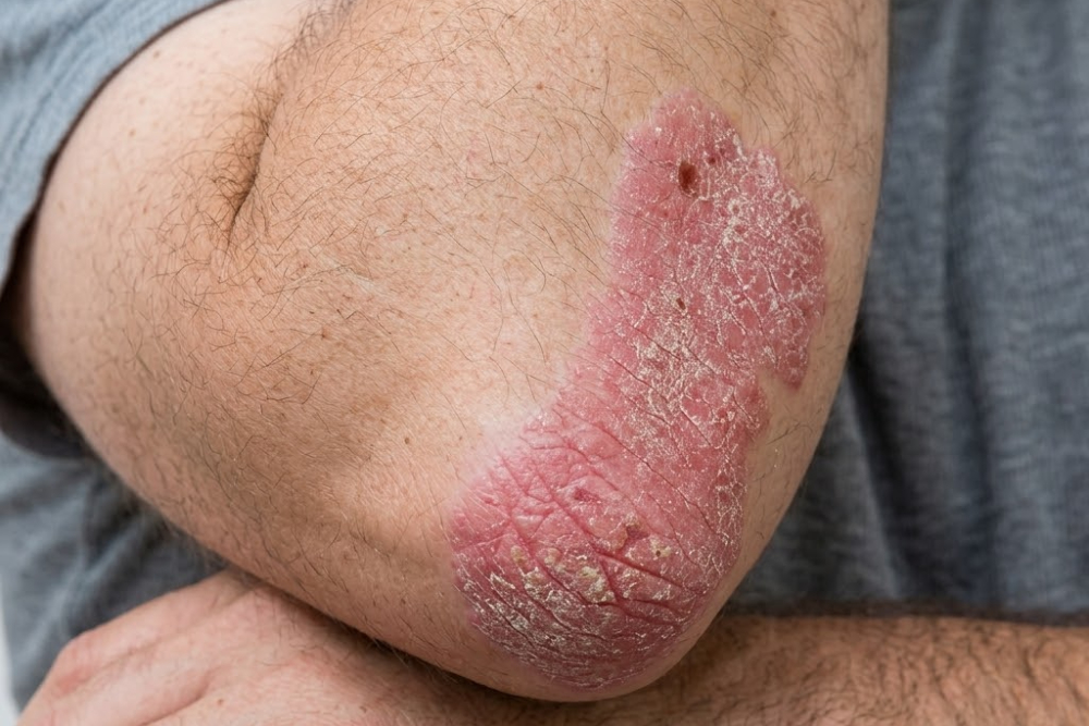 Close-up of a large, red, scaly patch on the elbow with dry, cracked skin surrounding it (possible eczema or dermatitis).