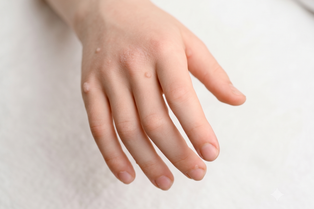 Close-up of a child's hand with small raised skin bumps on the knuckles.